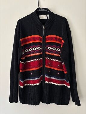 Vintage Black Multicolor Grandpacore Retro Zip Up Grunge Fall Sweater - Size 2X